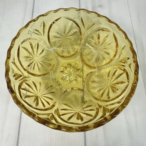 Vintage Amber Pressed Indiana Glass Fruit Bowl 4.25" Starburst Daisy Pattern Set - Picture 3 of 8